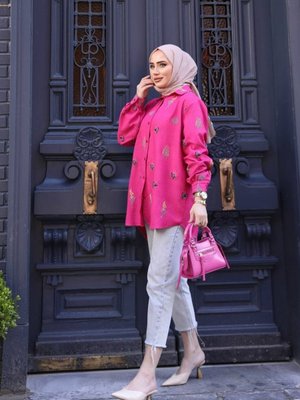 Çiçek Nakış Baskı Oversize Yazlık Bol Kesim Uzun Gömlek