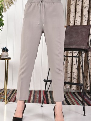 Gri Double Kumaş Dar Paça Beli Lastkli Pantolon Gri Double Kumaş Dar Paça Beli Lastkli Pantolon