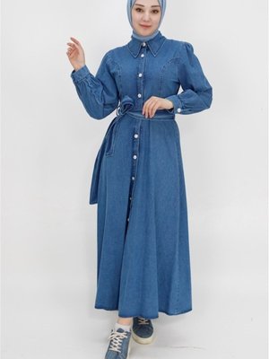Jeans Yaka Düğmeli Ve Kemerli Kot Kumaş Spor Gömlek Elbise Jeans Yaka Düğmeli Ve Kemerli Kot Kumaş Spor Gömlek Elbise