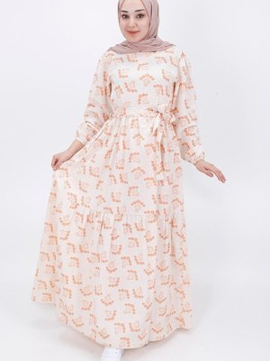 Oranj Çiçek Desenli Keten Kumaş Elbise Oranj Çiçek Desenli Keten Kumaş Elbise