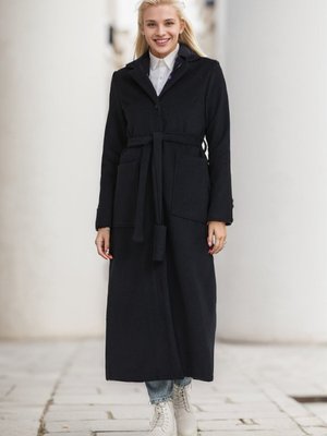 Lacivert Cepli Kuşaklı Kaşe Kaban Lacivert Cepli Kuşaklı Kaşe Kaban