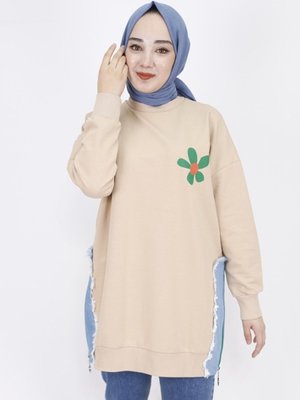 Bej İp Kumaş Kot Garnili Ve Baskılı Sweatshirt Bej İp Kumaş Kot Garnili Ve Baskılı Sweatshirt