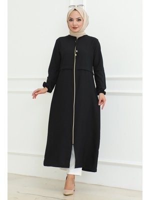 Siyah Baler Boydan Fermuarlı Ferace