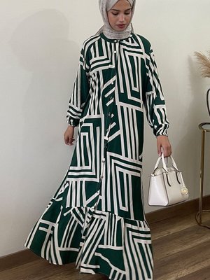 Yeşil Ekru Beyaz Kemerli Oversize Yazlık Viskon Elbise