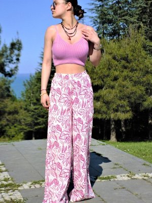 Fuşya Keten Beyaz Desenli Beli Lastikli Cepli Bol Paça Oversize Salaş Yazlık Pantolon