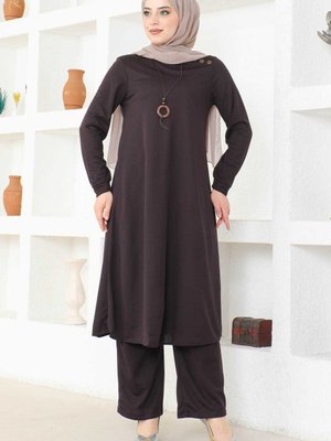 Kolyeli Tunik & Pantolon İkili Takım Mürdüm