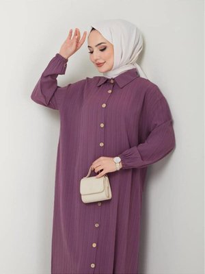 Uzun Kollu Ahşap Düğmeli Gömlek Yaka Maxi Boy Yırtmaçlı Viskon Tunik