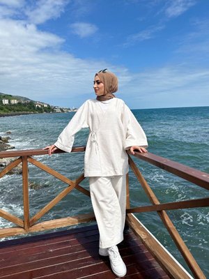 Çapraz Bağcıklı Keten Takım Bej