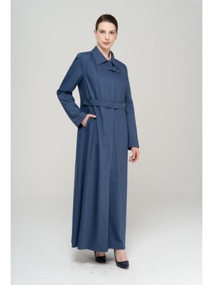 İndigo Gömlek Yaka Nervür Detaylı Büyük Beden Astarlı Pardesü