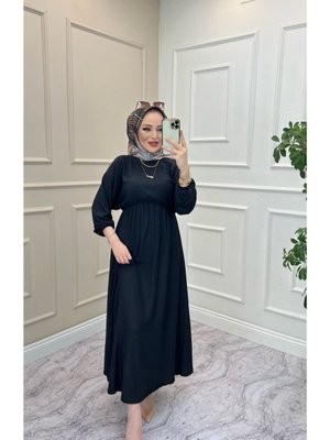 Siyah Yarasa Kol Bel Lastikli Elbise