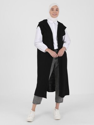 Kapüşonlu Triko Yelek Siyah