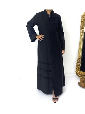 Rahat Kalıp Giy Çık Fermuarlı Siyah Dantel Süslemeli Günlük Ferace