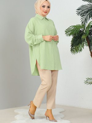 Çizgili Salaş Gömlek Mint Yeşili