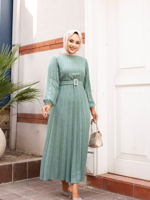 Mint Bisiklet Yaka Kolu Lastikli Ve Kemerli Şık Piliseli Keten Elbise Mint Bisiklet Yaka Kolu Lastikli Ve Kemerli Şık Piliseli Keten Elbise