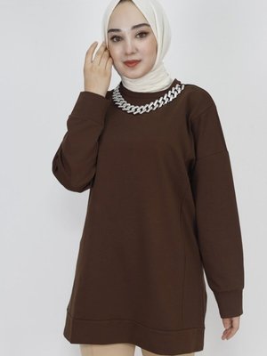 Kahverengi İp Kumaş Zincir Detaylı Sweatshirt