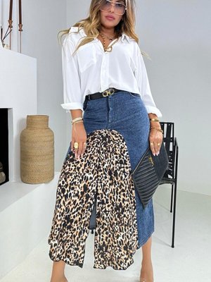 Leopar Desenli Kumaş Garnili Yırtmaçlı Uzun Kot Etek Leopar Desenli Kumaş Garnili Yırtmaçlı Uzun Kot Etek