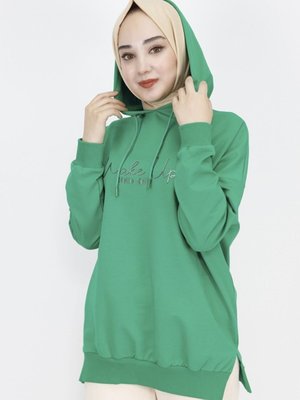 Yeşil İp Kumaş Yazı Baskılı Kapüşonlu Sweatshirt Yeşil İp Kumaş Yazı Baskılı Kapüşonlu Sweatshirt