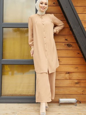 Arfa Ayrobin Düğmeli Salaş Takım Sütlü Kahve