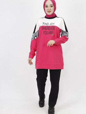 Fuşya İp Kumaş Yazı Ve Taş Detaylı İkili Takım Fuşya İp Kumaş Yazı Ve Taş Detaylı İkili Takım