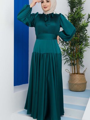 Yeşil Göğüs Pileli Saten Abiye Elbise