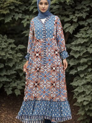 İndigo Çiçek Desenli Viskon Elbise