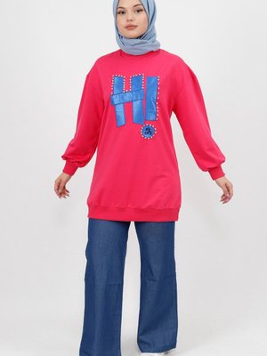 Fuşya Taş Ve Yazı Detaylı İplik Kumaş Sweatshirt Fuşya Taş Ve Yazı Detaylı İplik Kumaş Sweatshirt