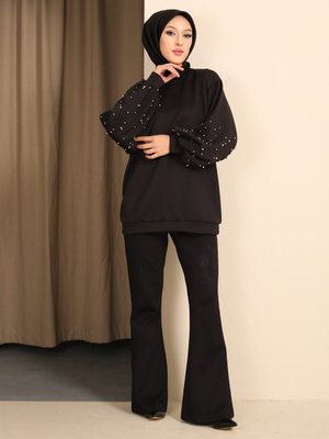 Balon Kol İncili Sweat Siyah Balon Kol İncili Sweat Siyah