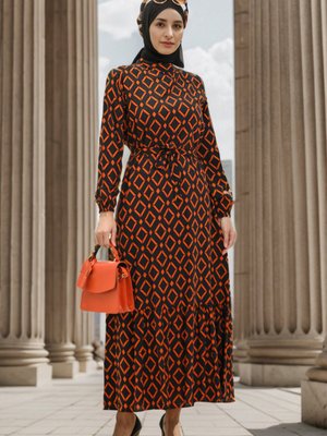 Siyah Kiremit Viskon Geometrik Desenli Elbise Siyah Kiremit Viskon Geometrik Desenli Elbise