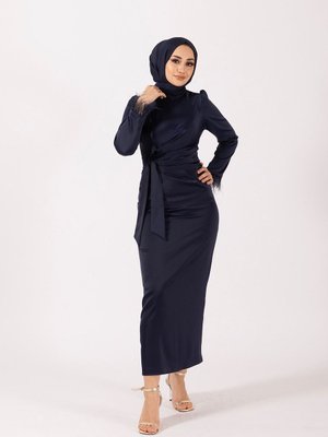 Kol Saçaklı Saten Abiye Elbise Lacivert