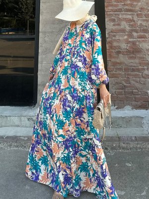 Mavi Desenli Oversize Yazlık Viskon Elbise