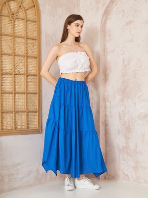 Saks Mavi Cepli Asimetrik Kesim Fırfırlı Beli Lastikli Kat Salaş Spor Uzun Kloş Etek Saks Mavi Cepli Asimetrik Kesim Fırfırlı Beli Lastikli Kat Salaş Spor Uzun Kloş Etek