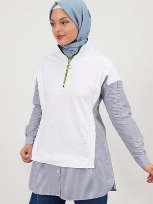 Beyaz Fermuar Detaylı Gömlek Garnili İplik Kumaş Sweatshirt Beyaz Fermuar Detaylı Gömlek Garnili İplik Kumaş Sweatshirt