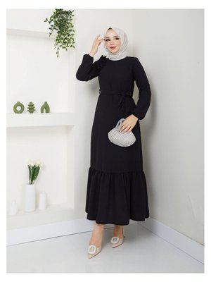 Krep Kumaş Omuz Fırfırlı Elbise Siyah