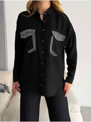 Gülçin Özak Cep Detaylı Taşlı Siyah Uzun Kol Gömlek