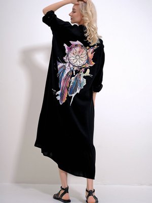 Siyah Tek Cepli Eteği Volanlı Sırtı Baskılı Dokuma Viskon Gömlek Elbise Alc