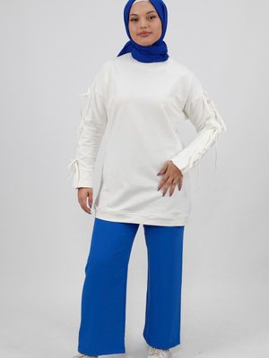 Beyaz Kolu Bağlama Detaylı İplik Kumaş Sweatshirt