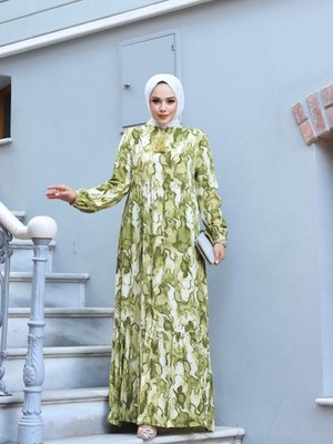 Sarı Yakası Önde Püskül Ve Kol Ucu Lastikli Dokuma Viskon Kumaş Ebru Desenli Elbise Sarı Yakası Önde Püskül Ve Kol Ucu Lastikli Dokuma Viskon Kumaş Ebru Desenli Elbise