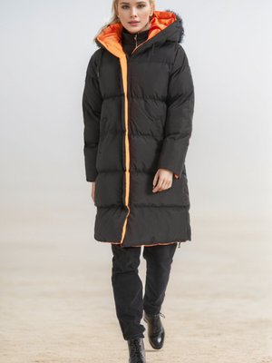 Siyah Oranj Kapüşonlu Şişme Mont