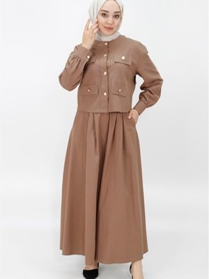 Kahve Keten Kumaş Cep Ve Düğme Detaylı Etekli İkili Takım