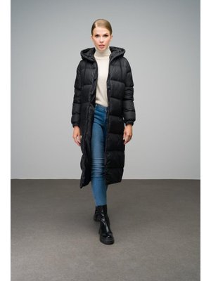 Siyah Kapüşon Detaylı Fermuarlı Uzun Şişme Mont