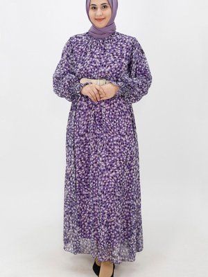 Lila Fırça Desenli Şifon Elbise Lila Fırça Desenli Şifon Elbise