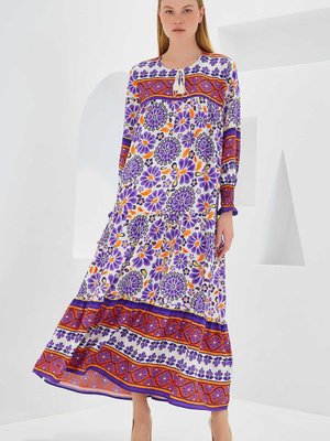 Mor Desenli Uzun Viskon Elbise Mor Desenli Uzun Viskon Elbise