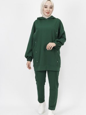 Haki İp Kumaş Yıldız Zımba Detaylı Kapüşonlu 2li Takım Haki İp Kumaş Yıldız Zımba Detaylı Kapüşonlu 2li Takım