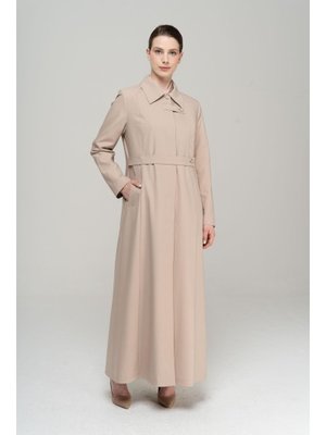 Bej Gömlek Yaka Nervür Detaylı Büyük Beden Astarlı Pardesü