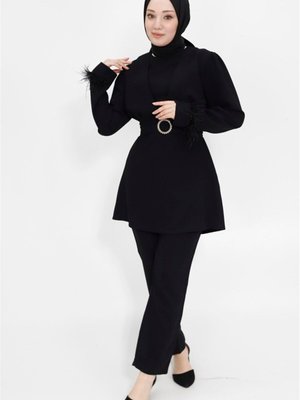 Siyah Kemeri Taşlı Krep Kumaş İkili Takım Siyah Kemeri Taşlı Krep Kumaş İkili Takım