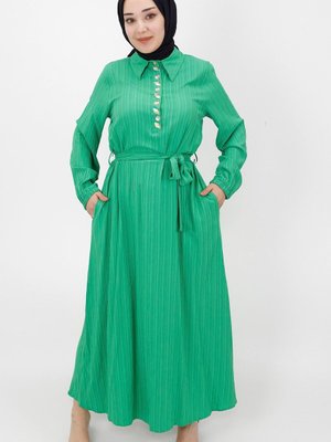 Yeşil Taş Detaylı Bürümcük Kumaş Elbise Yeşil Taş Detaylı Bürümcük Kumaş Elbise