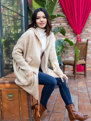 Cepli Kapüşonlu Bağcıklı Uzun Boy Triko Hırka