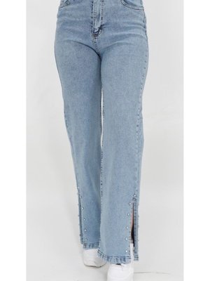 Buz Mavi Yırtmacı Taş Deatylı Geniş Paça Kot Pantolon Buz Mavi Yırtmacı Taş Deatylı Geniş Paça Kot Pantolon