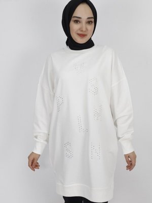 Ekru İp Kumaş Taş Baskılı Sweatshirt Ekru İp Kumaş Taş Baskılı Sweatshirt
