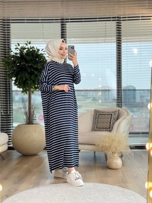 Penye Enine Kalın Çizgili Elbise